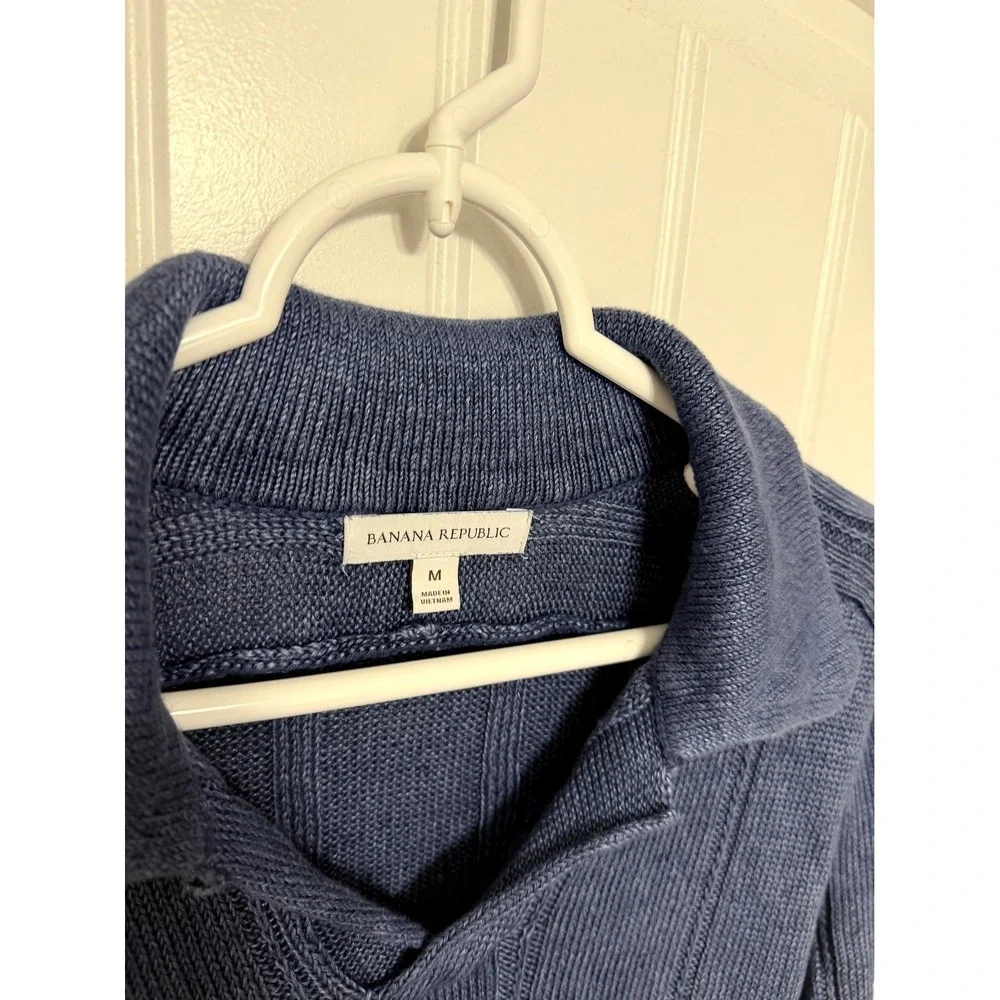 Banana Republic Sweater Mens M Blue Linen Polo Collar Ribbed Knit Pullover